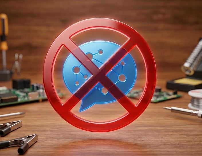 Durchgestrichene Sprechblase vor  IT Werkbank