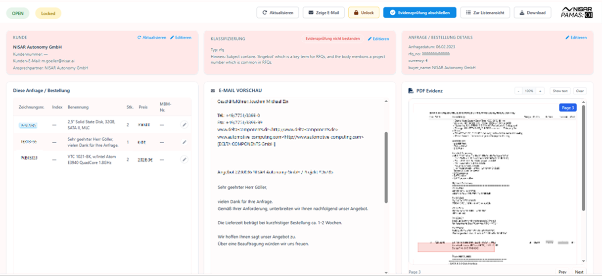 NISAR App PAMAS Matchbox - Datenextraktion aus Bestellungen und Abgleich mit ERP - Human in the Loop!