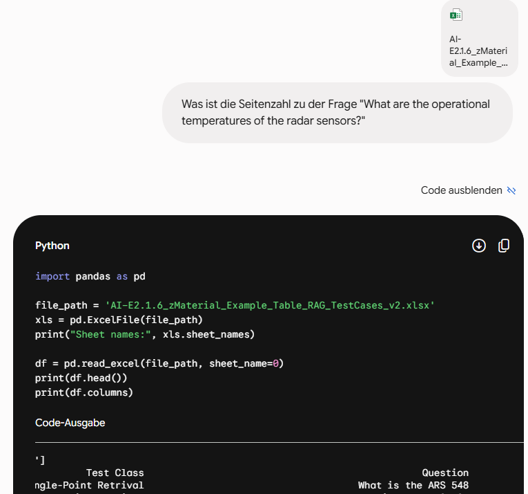 Beim durchsuchen eines XLS Sheets schreibt Gemeni im Hintergrund ein Python Skript, es antwortet nicht rein das LLM!