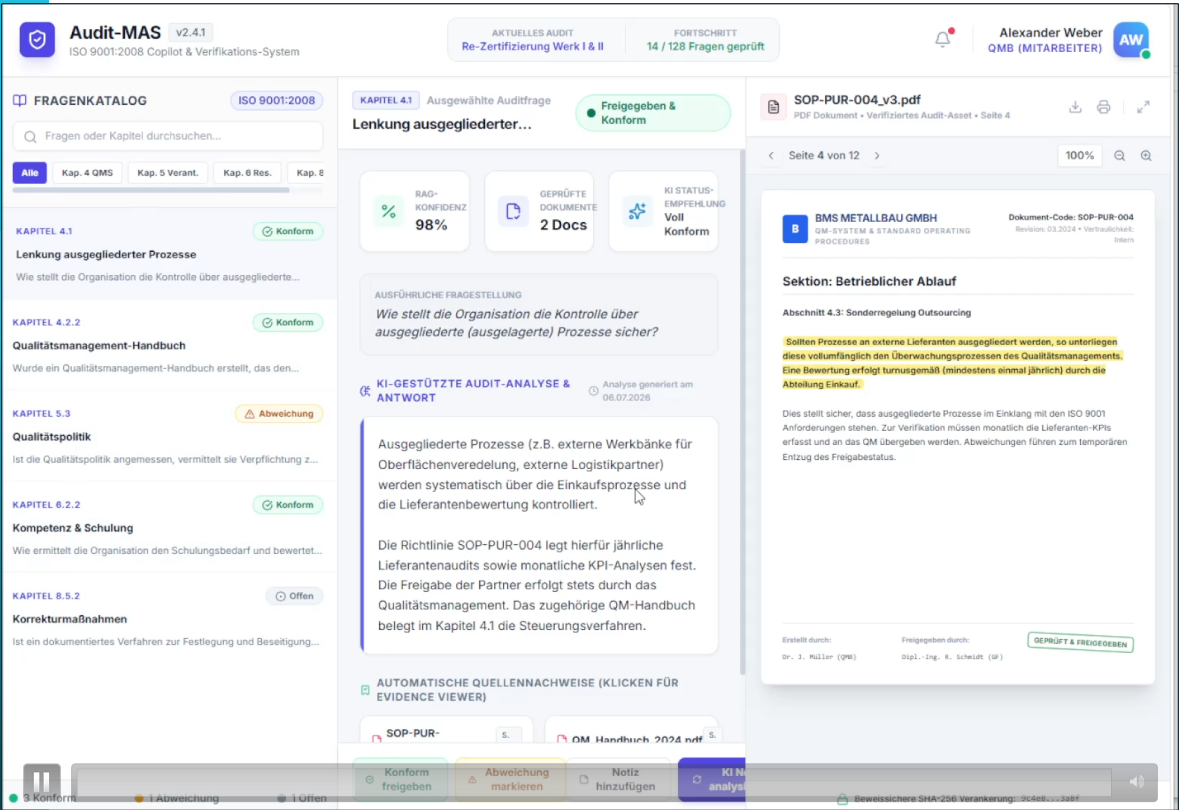 RAG-basiertes Audit Tool: es beantwortet Fragenkataloge auf Basis der Dokumente.