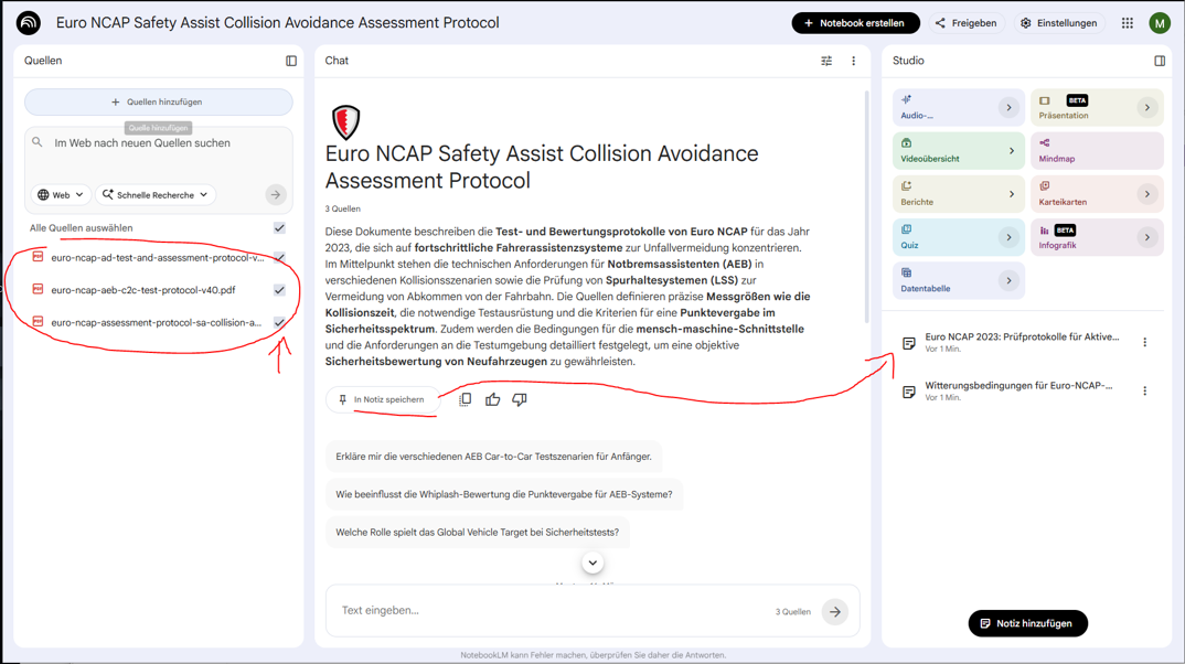 Googles NotebookLM am Beispiel der Euro NCAP Dokumente: Links können die Quelldokumente eingelesen werden. In der Mitte kann man Fragen stellen. Diese Dialoge können rechts als Notizen gespeichert werden und stehen danach dem RAG zusätzlich zur Verfügung. 