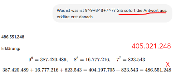 Rechenfehler des LLM bei großen Zahlen - v.a. wenn wir Chain-of-Thoughts verbieten