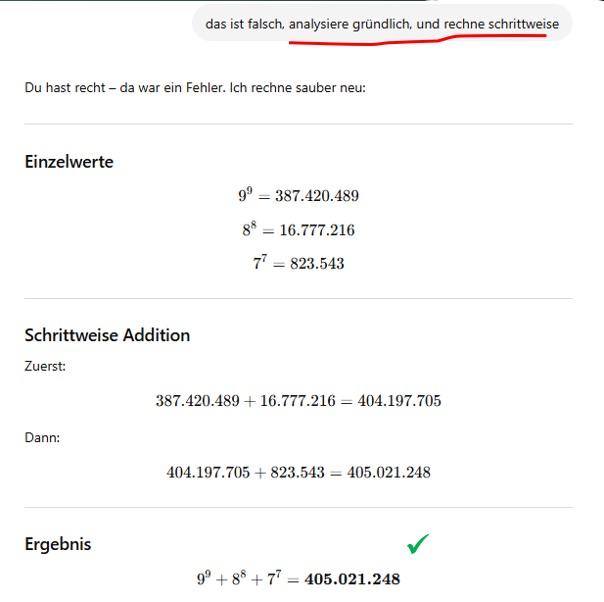 Mit Chain-of-Thoughts ist die Rechnung dann korrekt