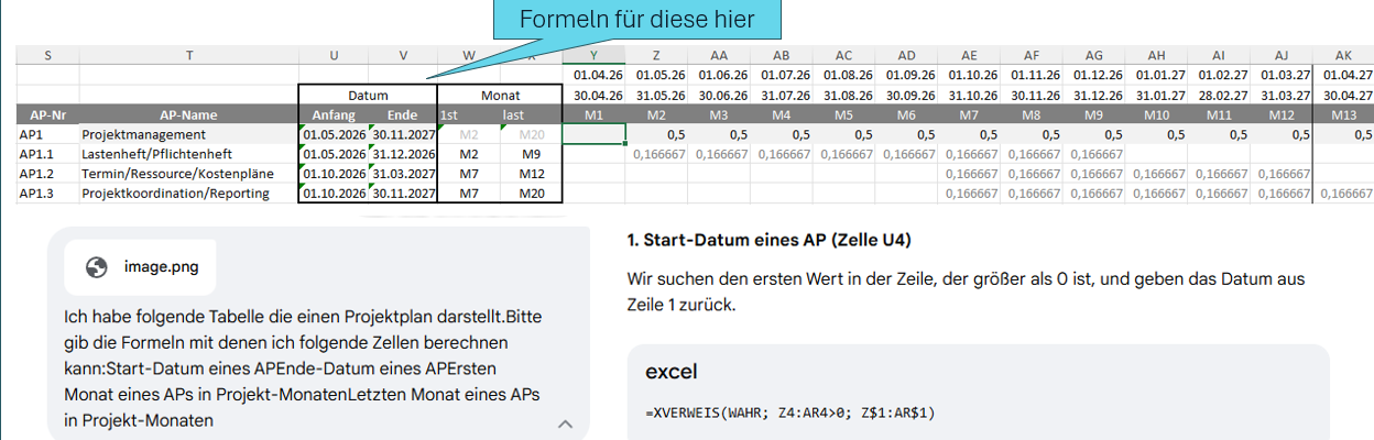 Komplexeres Beispiel: ein Projekt-Plan in Excel. Gemini soll XVERWEIS Formeln schreiben, die für jedes Arbeitspaket Start und End-Datum aus dem Gantt ablesen. Das Enddatum ist in Excel immer etwas nervig, weil die Monate unterschiedliche Längen haben. Daher hier der Look-Up über die letzte Zelle mit geplantem Aufwand.