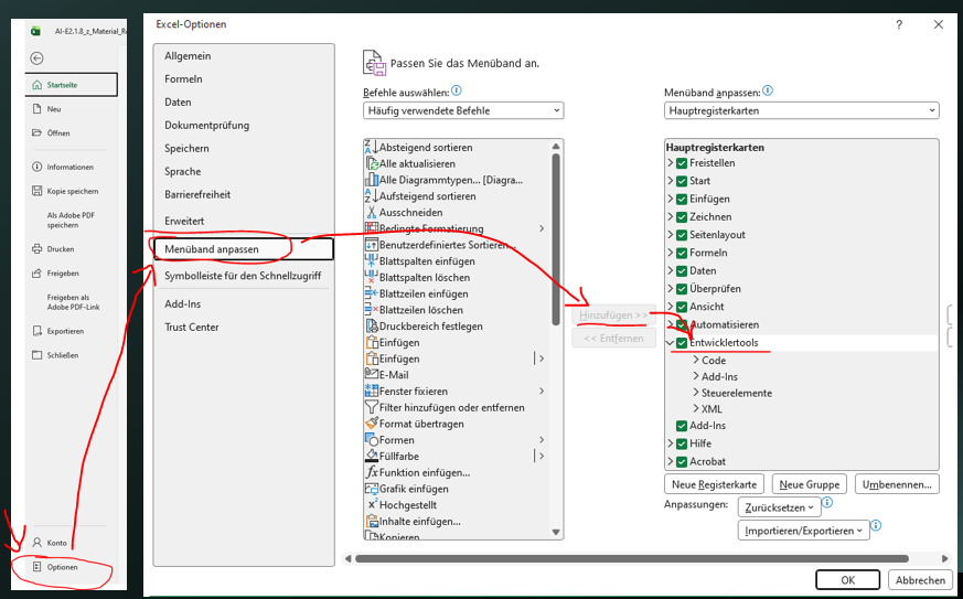 Zunächst Excel "Entwicklertools" aktivieren