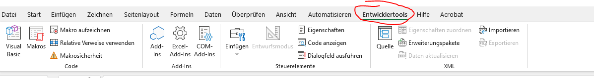 Dann Excel Entwicklertools öffnen in der Menüleiste