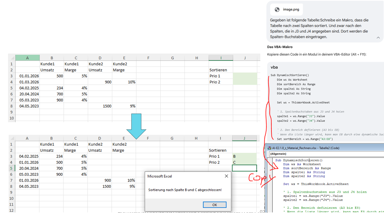 Beispiel: Mit Gemini ein VBA Makro schreiben, dass in Excel nach mehreren Spalten sortiert. Das Bild zeigt den Prompt oben rechts, die Antwort mit dem Code darunter und den in Excel-Mako kopierten Code. Der Code wurde ungelesen kopiert (damit auch nicht-Programmierer dies 1:1 nachvollziehen können). Links sehen wir das Ergebnis in Excel.