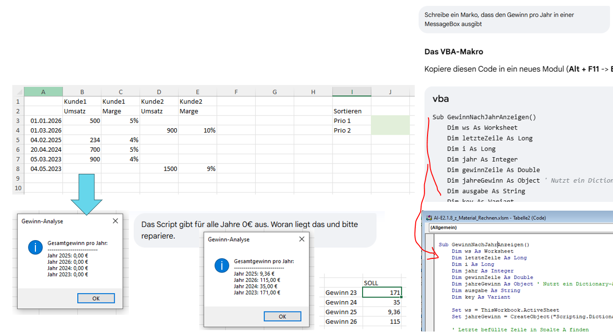 Beispiel: Mit Gemini ein VBA Makro schreiben, dass in Excel eine Berechnung durchführt. Das Bild zeigt den Prompt oben rechts, die Antwort mit dem Code darunter und den in Excel-Mako kopierten Code. Der Code wurde ungelesen kopiert (damit auch nicht-Programmierer dies 1:1 nachvollziehen können). Links sehen wir das Ergebnis in Excel. Wir sehen, dass der erste Code fehlerhaft war, alle Werte waren 0. Wir haben dann diesen Fehler exakt so gepromptet und Gemeni hat ihn korrigiert.