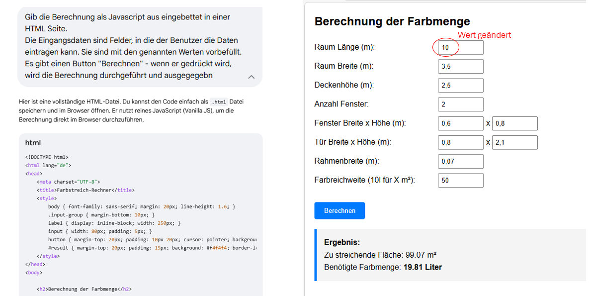 Eigenes Browser-Tool vom LLM geschrieben in html + JavaScript: die Berechnung der nötigen Farbmenge zum streichen eines Raumes. So ist das Tool noch komfortabler und wiederverwendbarer.