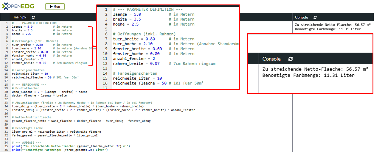 Python-Skript vom LLM geschrieben: Berechnung der Farbmenge zum streichen eines Raumes. Links oben stehen die Parameter, rechts die Ausgabe.