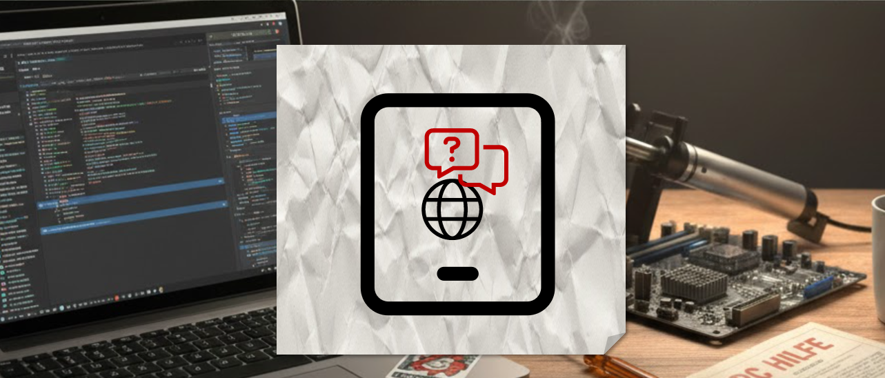 IT Werkbank mit Papierblatt, dass einen Internet-Globus mit roten Sprechblasen  in einem TabletPC zeigt