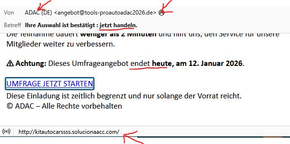 Fake Email: Typisch: Zeitdruck erzeugen; Wichtig: Absenderadresse anzeigen, nicht Absendername