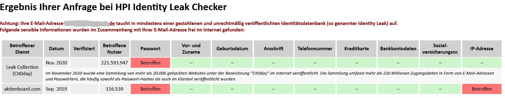 Webseite HPI: auch hier ist meine Emailadresse betroffen, es wird detailliert gezeigt, welche Daten betroffen sind