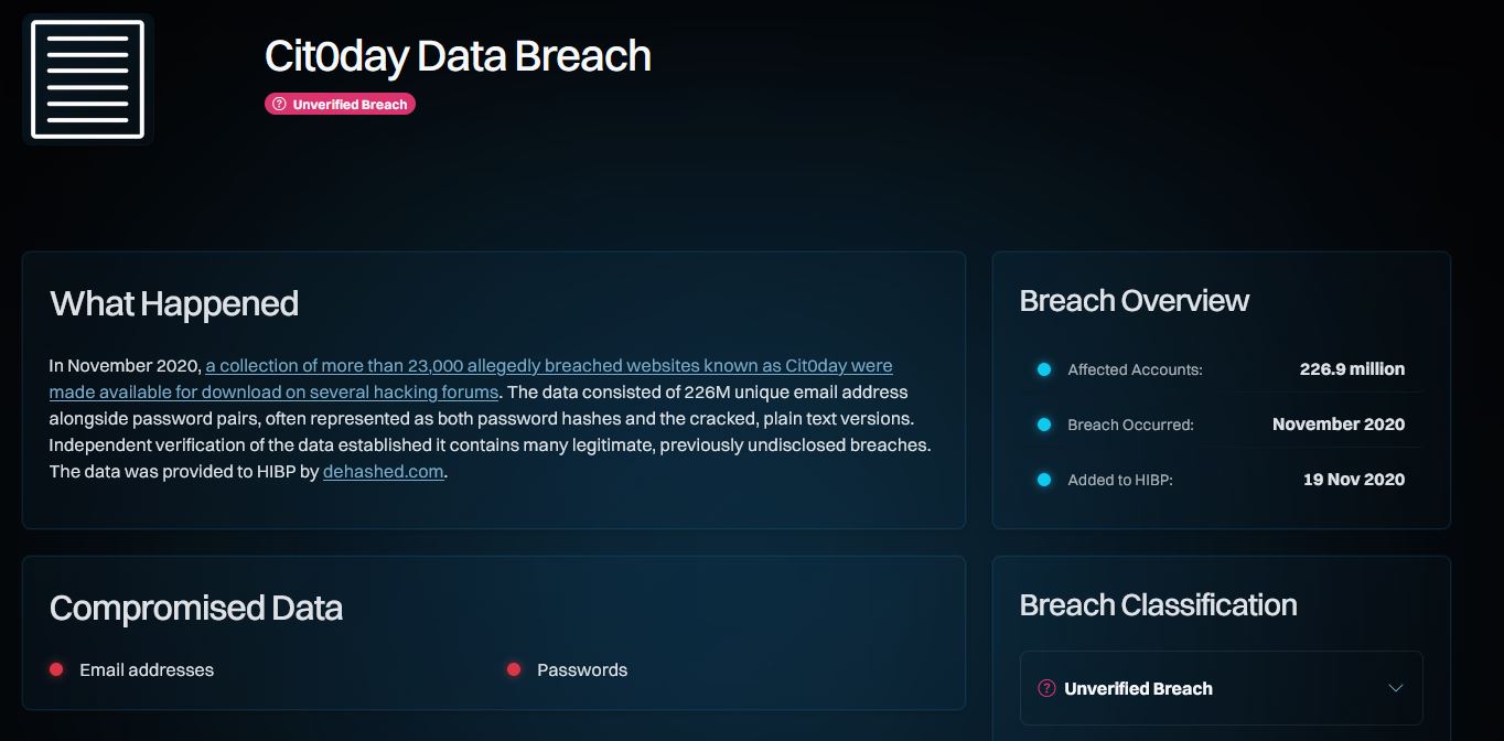 HIBP Webseite: wir sehen hier auch, was genau betroffen ist