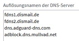 In der Fritz!Box eingetragene alternative DNS Server von Mullvard und AdGuard