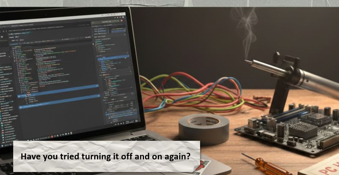 Workbench with laptop, soldering iron and duct tape